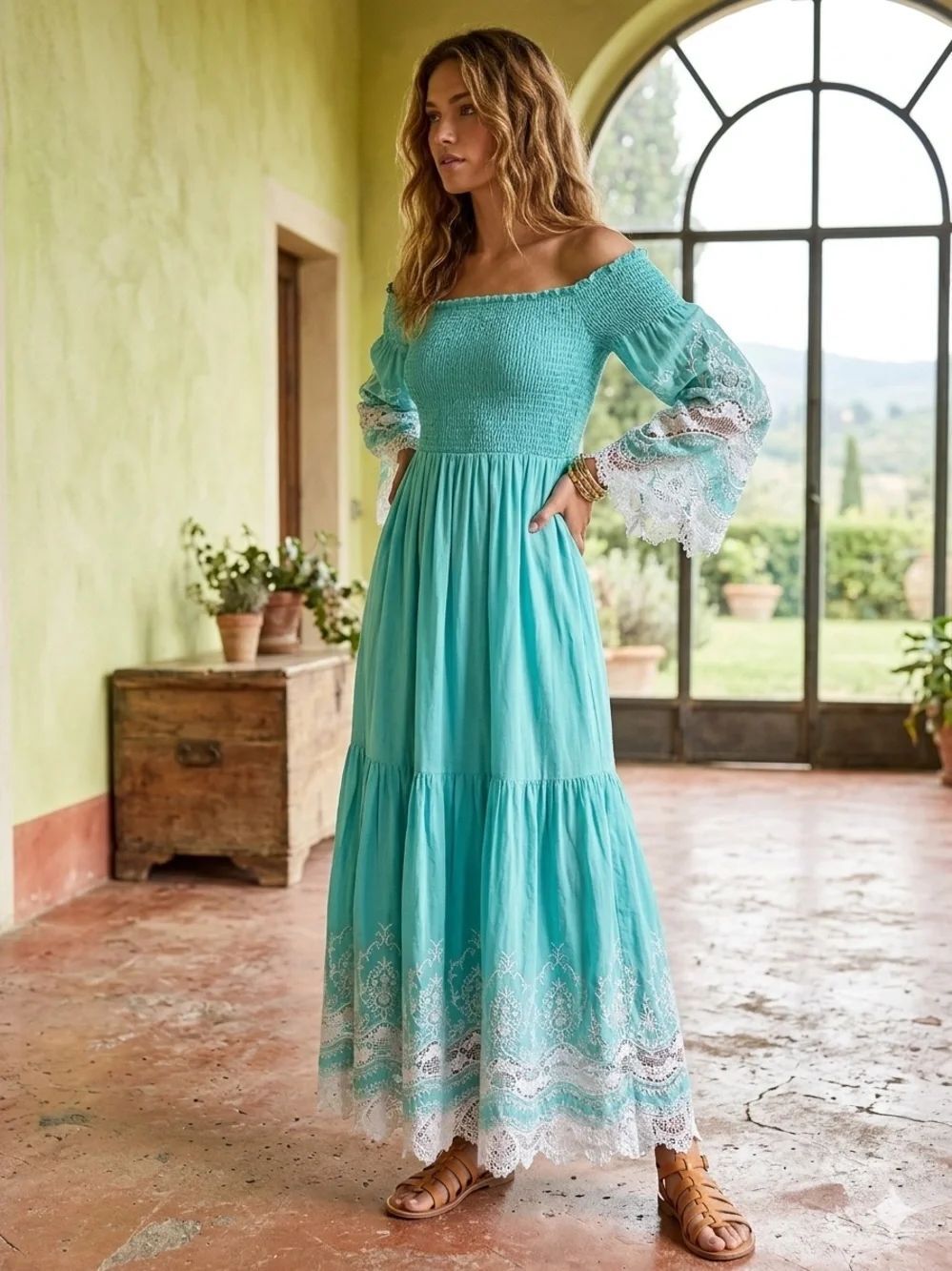 European Off-Shoulder Turquoise Maxi Dress with Lace Trim